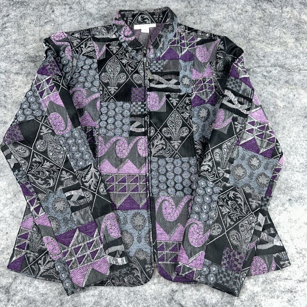 Dressbarn Women's Size M Purple Black Zip Up Long Sleeve Eclectic Coat Jacket